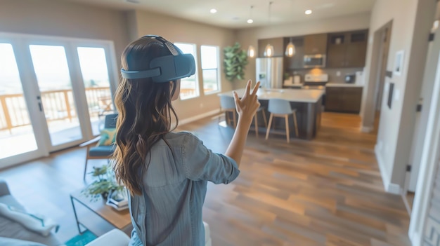 Photo woman wearing virtual reality headset at home she is looking at the living room and kitchen