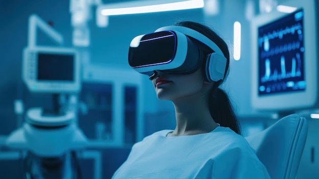 Woman Wearing Virtual Reality Headset in a Hospital Room