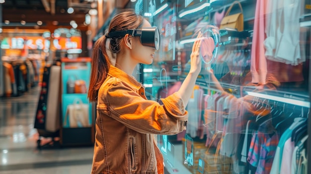 Photo woman wearing virtual reality headset interacting with digital interface in a clothing store