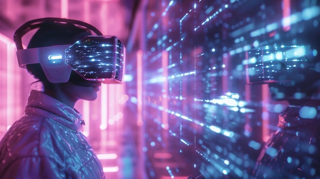 A woman wearing a virtual reality headset interacts with a digital environment surrounded by neon lights and holographic displays