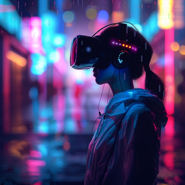 a woman wearing a virtual reality headset is in front of a colorful blur of lights