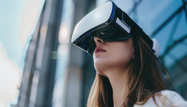 A woman wearing a virtual reality headset is looking at a cityscape by ai generated image