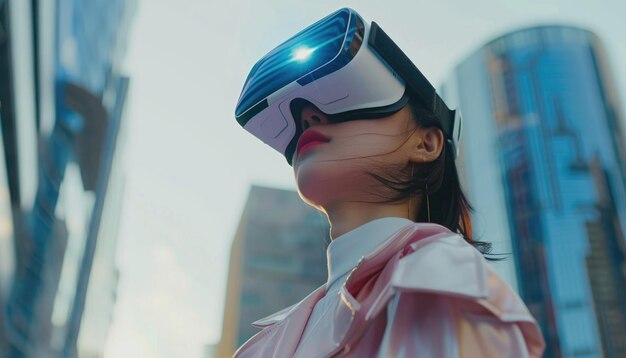 A woman wearing a virtual reality headset is looking at a cityscape by ai generated image