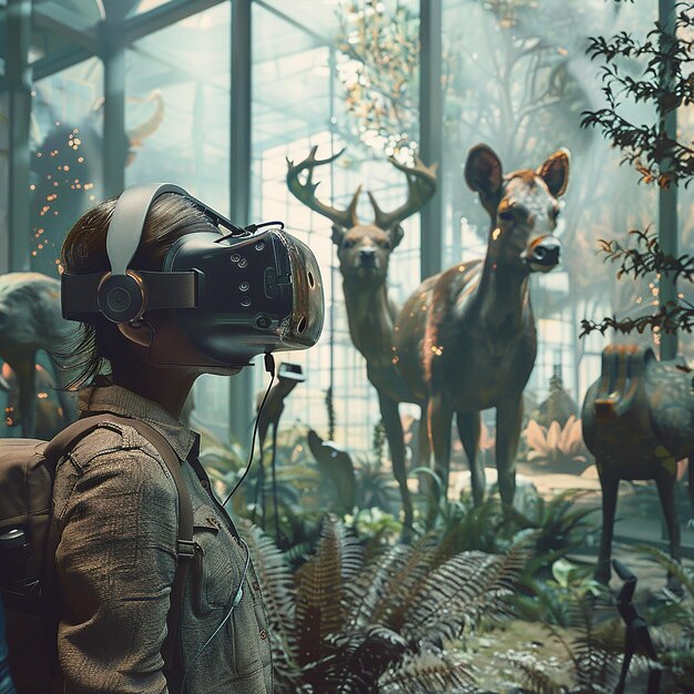 Photo a woman wearing a virtual reality headset is looking at a deer