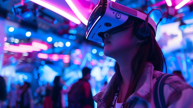 A woman wearing a virtual reality headset is looking at a display