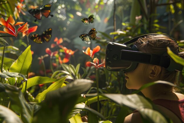 Photo a woman wearing a virtual reality headset is looking at a field of flowers