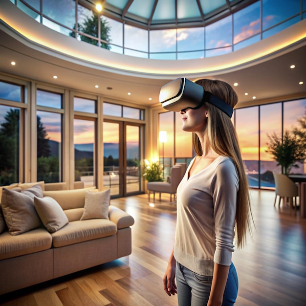 Photo a woman wearing a virtual reality headset is looking at a screen that says virtual