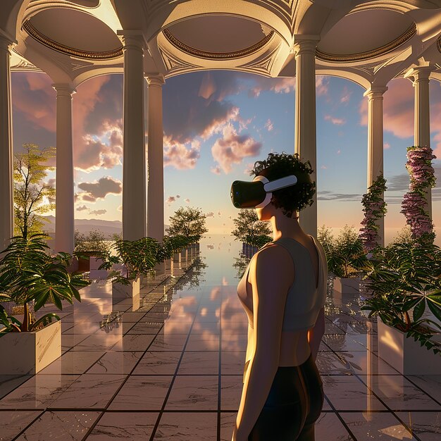 Photo a woman wearing a virtual reality headset is looking at a sunset