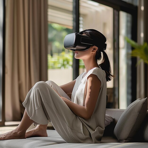 Photo a woman wearing a virtual reality headset is sitting on a bed