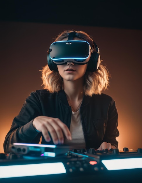 a woman wearing a virtual reality headset is sitting in front of a dj