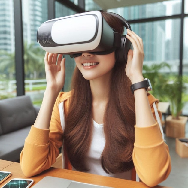 a woman wearing a virtual reality headset is sitting at a table with a menu and a menu on the table