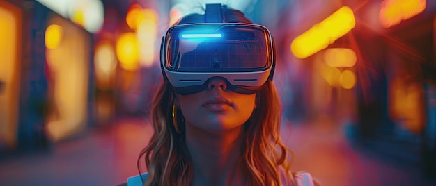 A woman wearing a virtual reality headset is standing in a city street by ai generated image