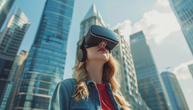 A woman wearing a virtual reality headset is standing in a city street by ai generated image