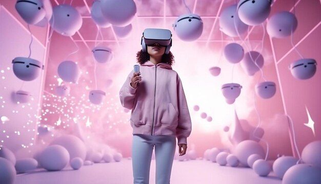 Photo a woman wearing a virtual reality headset is wearing a pink jacket