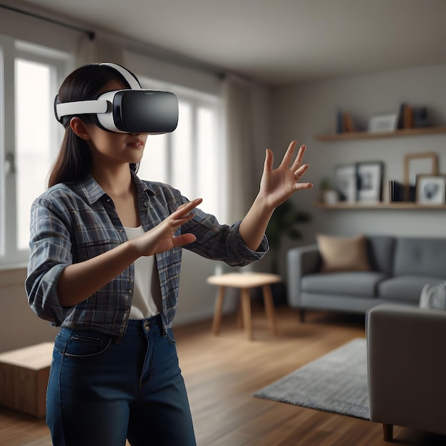 a woman wearing a virtual reality headset is wearing a virtual reality headset