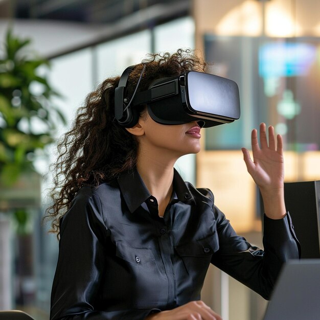 a woman wearing a virtual reality headset is wearing a virtual reality headset