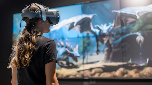 Photo a woman wearing a virtual reality headset looks at a screen