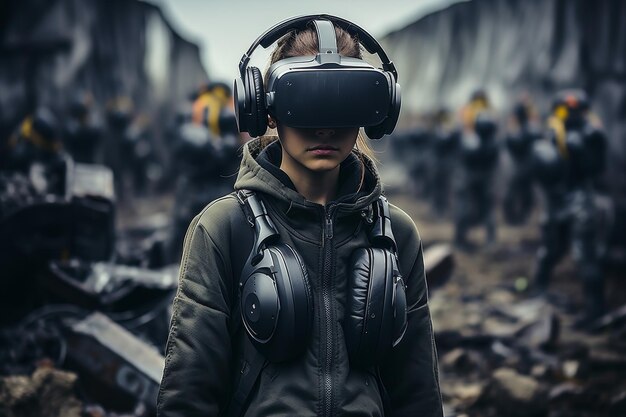 Woman wearing virtual reality headset in postapocalyptic setting