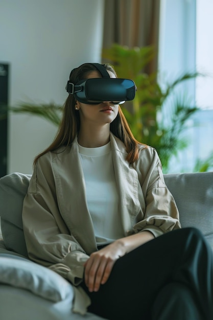 a woman wearing a virtual reality headset sits on a couch facing left corporate