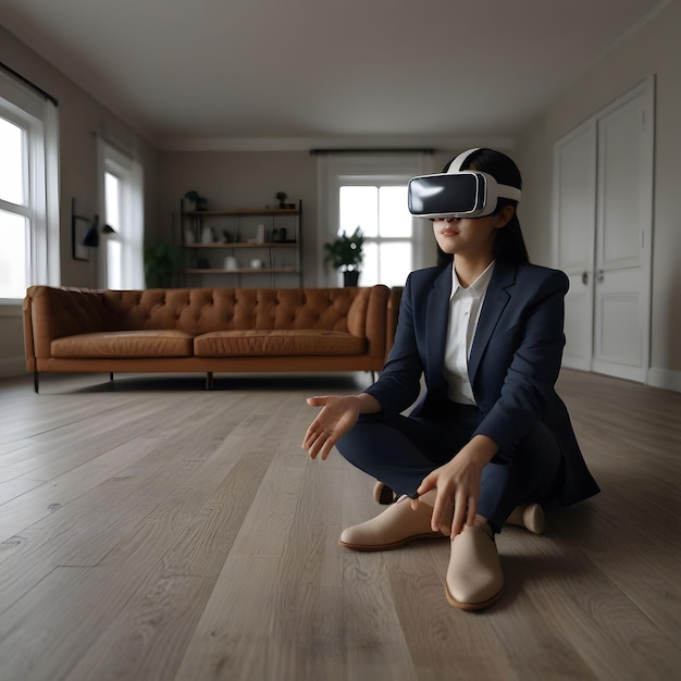 a woman wearing a virtual reality headset sits on a wooden floor in a room with a couch and a window