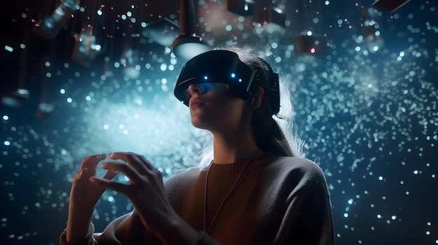 A woman wearing a virtual reality headset stands in front of a blue background with rain drops.