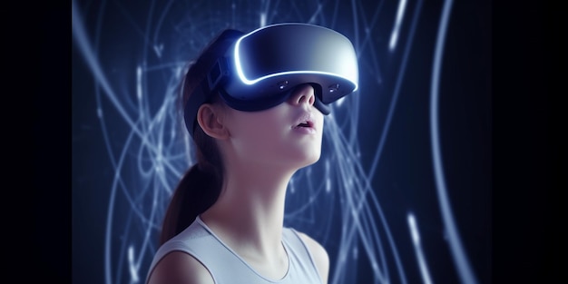 A woman wearing a virtual reality headset stands in front of a blue background with a white background.