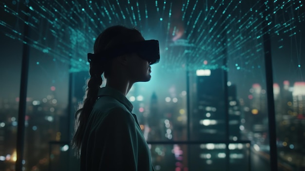 A woman wearing a virtual reality headset stands in front of a cityscape.