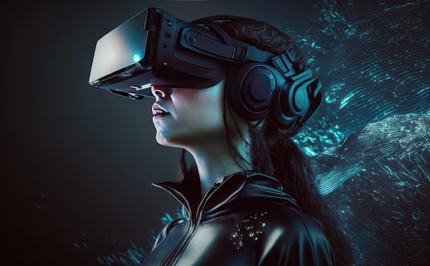 A woman wearing a virtual reality headset stands in front of a dark background.