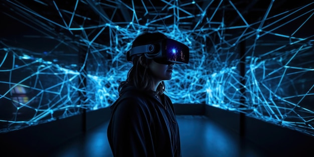 A woman wearing a virtual reality headset stands in front of a wall with a blue background.