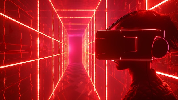 A woman wearing a virtual reality headset stands in a red futuristic corridor