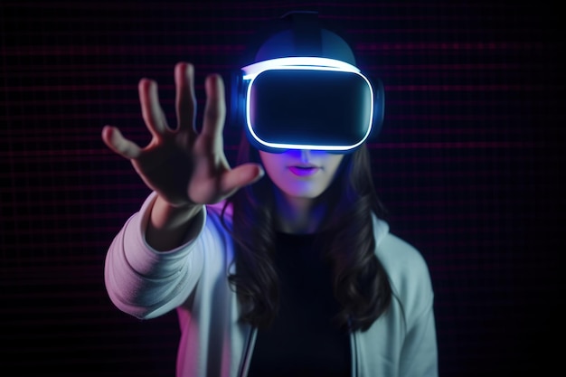 a woman wearing a virtual reality headset touching the virtual object on dark background