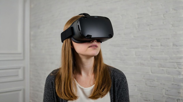 Photo a woman wearing a virtual reality headset with a black eye