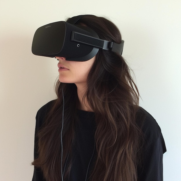 a woman wearing a virtual reality headset with a black shirt