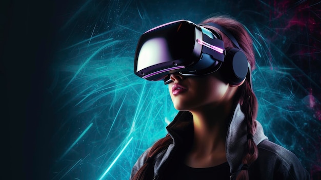 A woman wearing a virtual reality headset with a blue background.