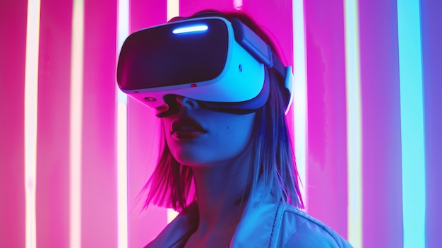 a woman wearing a virtual reality headset with a blue light behind her