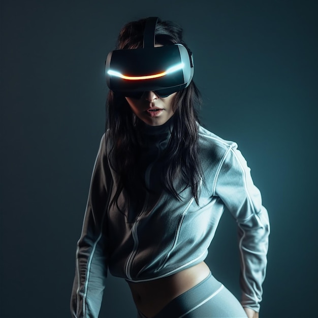 A woman wearing a virtual reality headset with a blue light on.