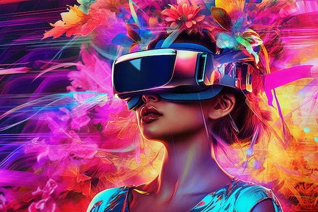 A woman wearing a virtual reality headset with a colorful background.