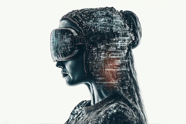 A woman wearing a virtual reality headset with futuristic technology elements Generative ai