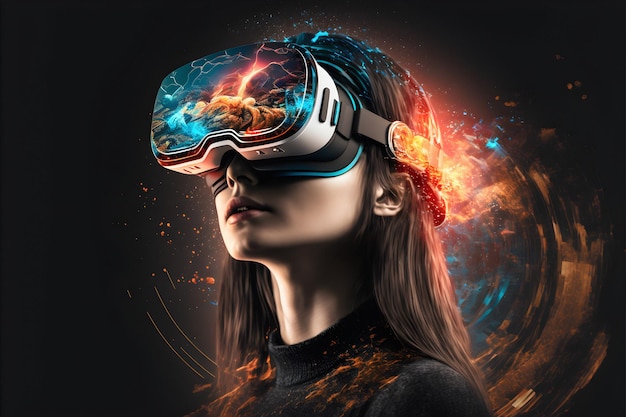 A woman wearing a virtual reality headset with futuristic technology elements.