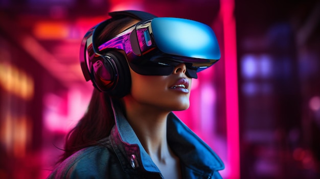 a woman wearing a virtual reality headset with the number 7 on it