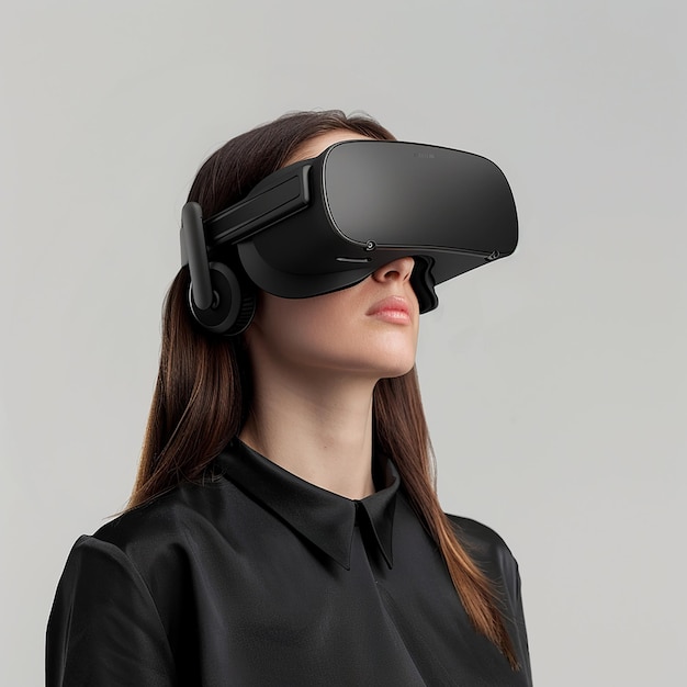 a woman wearing a virtual reality headset with a pair of headphones on her head