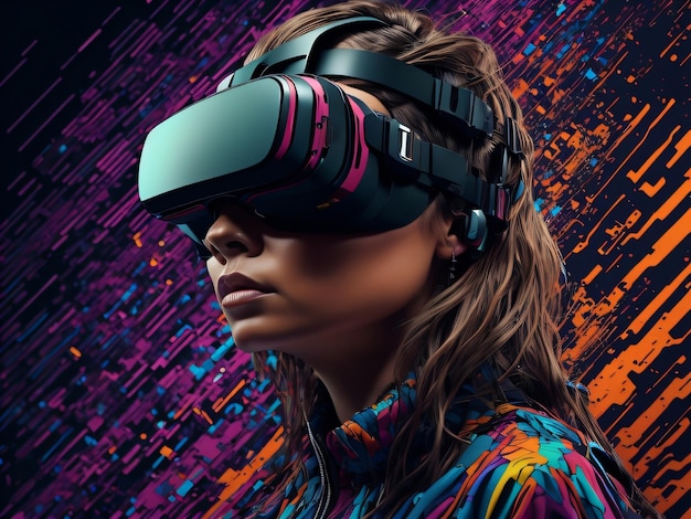 A woman wearing a virtual reality headset with a purple and black design.