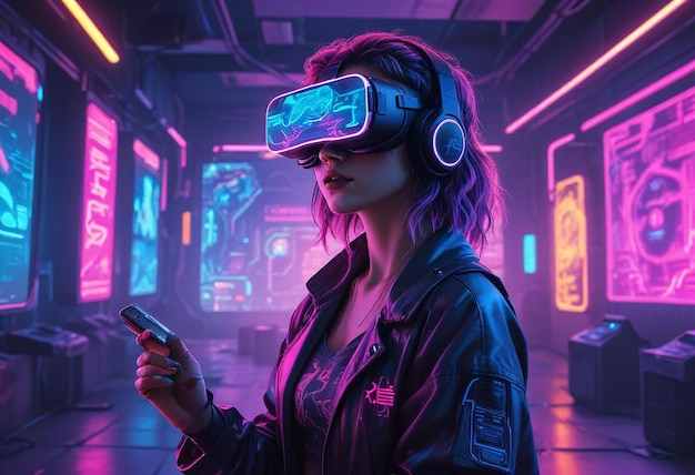 a woman wearing a virtual reality jacket is looking at a phone