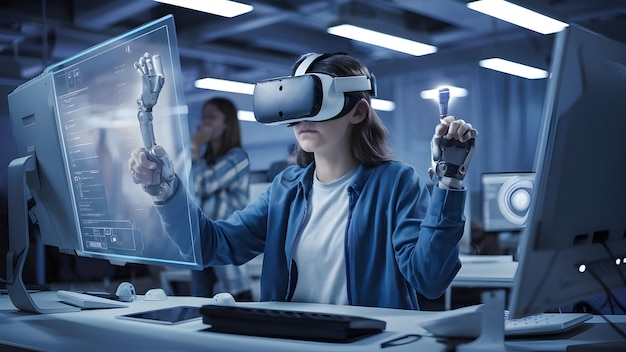 a woman wearing a virtual reality mask is holding a virtual device