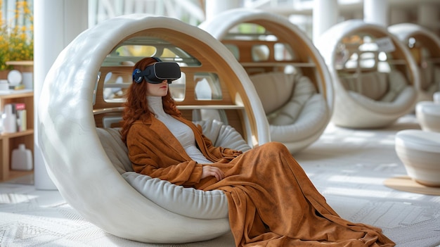 Photo woman wearing virtual reality simulators sitting in futuristic circle