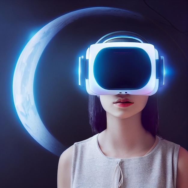 Woman wearing virtual reality vr headset portrait