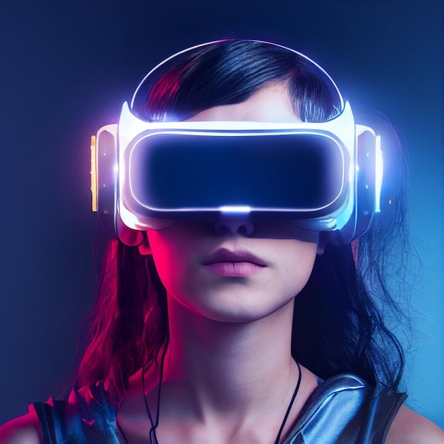 Woman wearing virtual reality vr headset portrait