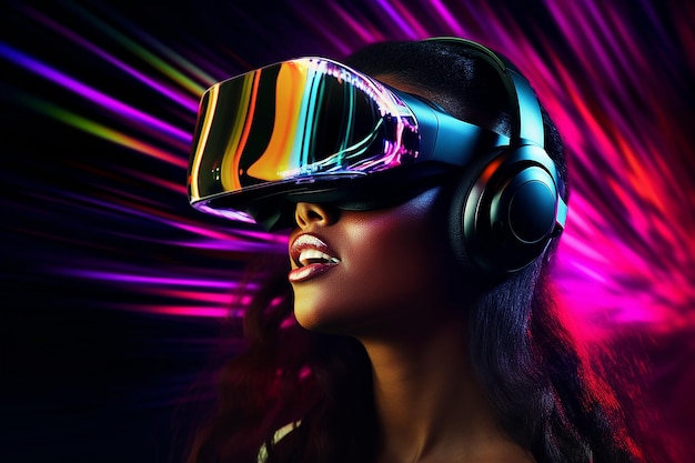 Woman Wearing VR Glasses to Enter Music World Looks Enjoying Melody with Neon Light Background