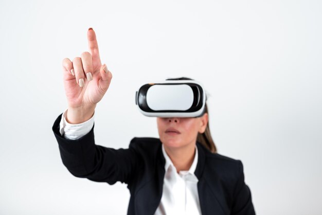 Woman Wearing Vr Glasses And Pointing On Important Messages With One Finger Businesswoman Having Virtual Reality Eyeglasses And Showing Crutial Informations