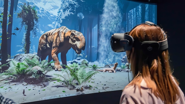 Photo a woman wearing vr headset experiences a virtual reality dinosaur encounter